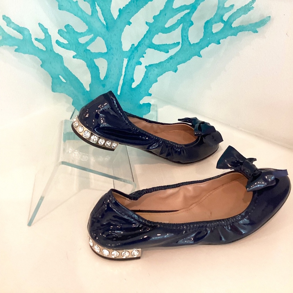 MIU MIU Patent Leather Navy Blue w Bow Flats Embellished Heel 39 9 w box
